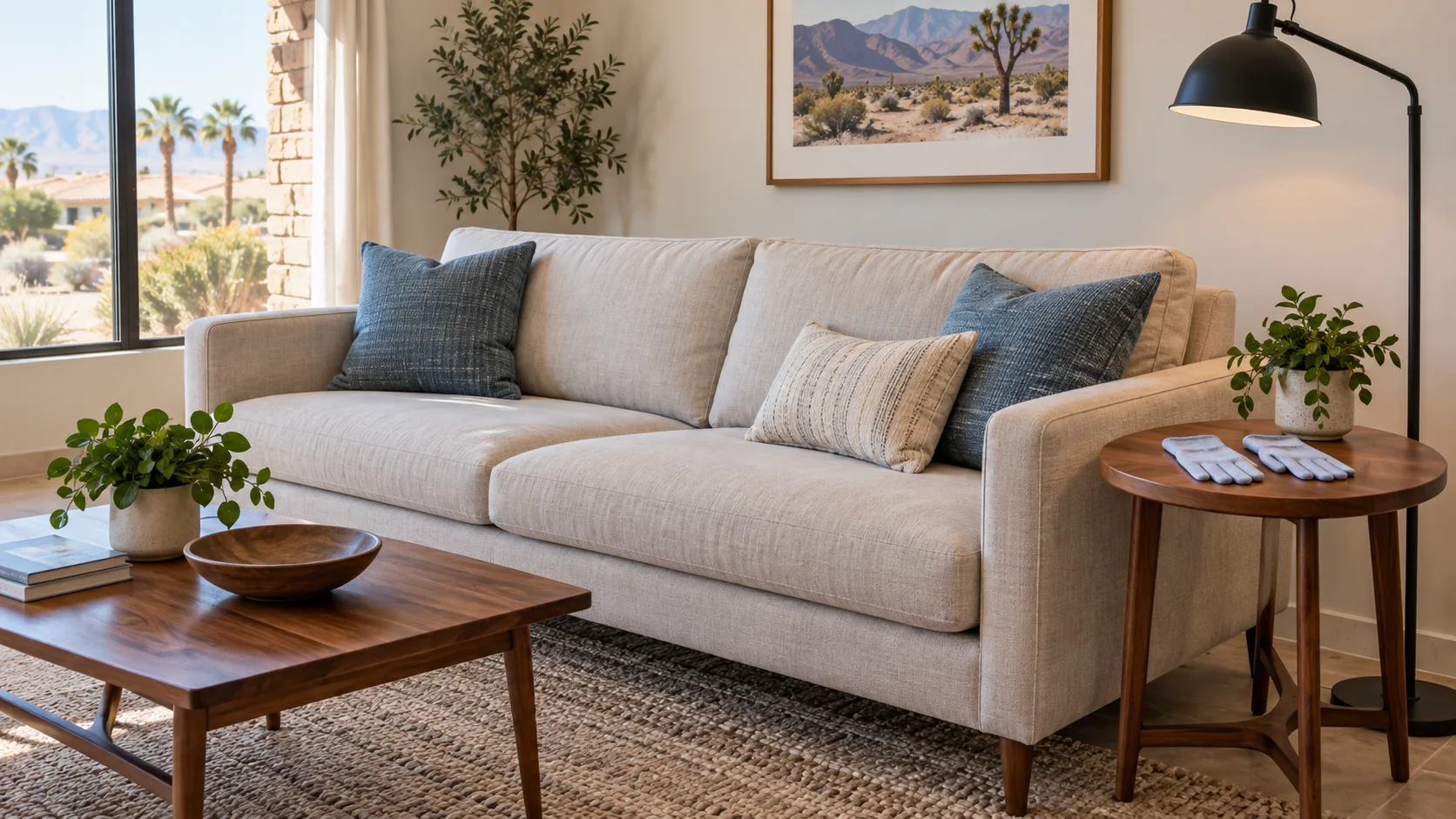 Clean sofa, wood table, lamp, and inspection gloves ready for a condition review